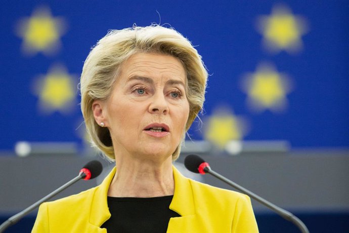 HANDOUT - 07 July 2021, France, Strasbourg: President of the European Commission Ursula von der Leyen delivers a speech during a plenary session of the European Parliament on the conclusions of the European Council meeting of 24-25 June 2021. Photo: Mat