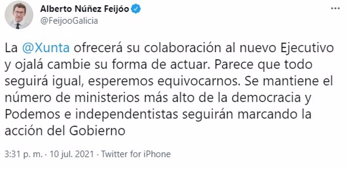 Imagen del mensaje publicado por el presidente de la Xunta, Alberto Núñez Feijóo, a través de su perfil en la red social Twitter