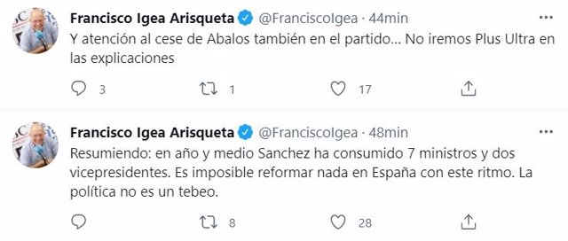 Tuits del vicepresidente de la Junta, Francisco Igea.