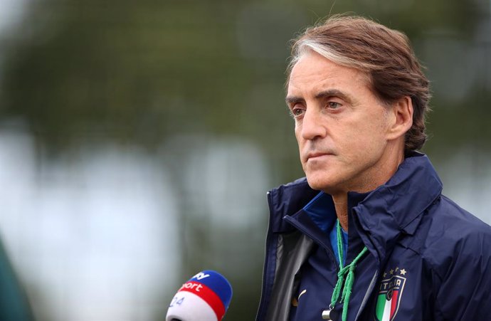 10 July 2021, United Kingdom, London: Italy manager Roberto Mancini talks to the media before a training session at Tottenham Hotspur training ground, ahead of the UEFAEURO2020 final soccer match against England. Photo: Nick Potts/PA Wire/dpa