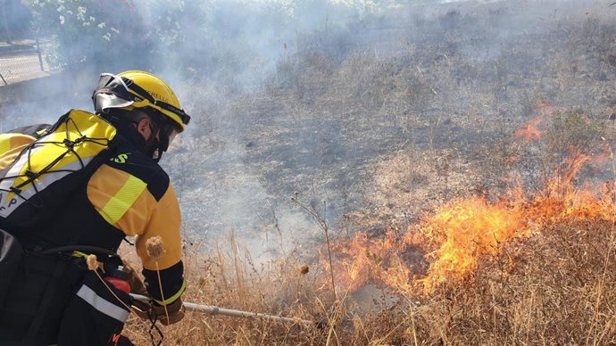 Un efectivo trabajando en la extinción del incendio agrícola declarado este domingo en el Parc Bit.