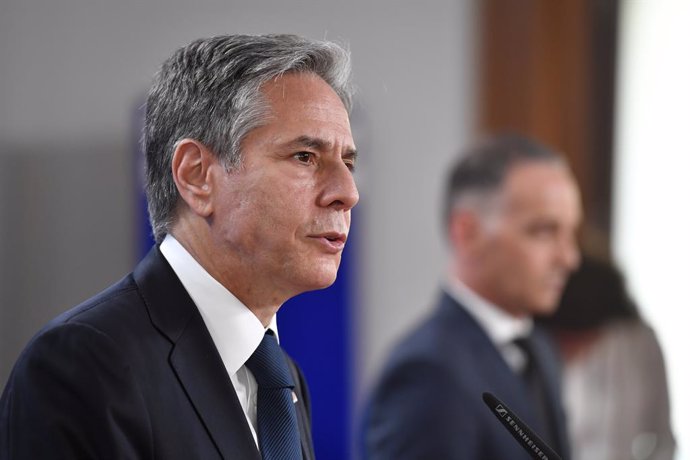 23 June 2021, Berlin: US Secretary of State Antony Blinken (L) and German Foreign Minister Heiko Maas speak during a press conference following their meeting. Blinken visits Germany for the first time since taking office. Photo: John Macdougall/AFP-Pool