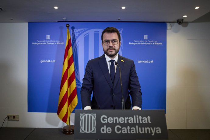 El president de la Generalitat catalana, Pere Aragons ofrece una rueda de prensa en la librería Blanquerna tras la reunión mantenida con el presidente del Gobierno, a 29 de junio de 2021, en Madrid (España). ARCHIVO.