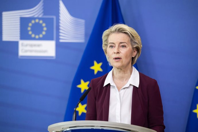 HANDOUT - 10 July 2021, Belgium, Brussels: President of the European Commission, Ursula von der Leyen speaks during a virtual press conference at Berlaymont, the EU Commissions headquarters in Brussels. Photo: Lukasz Kobus/EU Commision /dpa - ATTENTION: