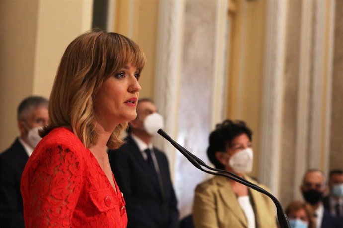 La nueva ministra de Educación y Formación Profesional, Pilar Alegría, interviene en el traspaso de carteras, en la sede del MEFP, a 12 de julio de 2021, en Madrid (España). El traspaso de carteras se efectúa después de que la nueva ministra haya promet