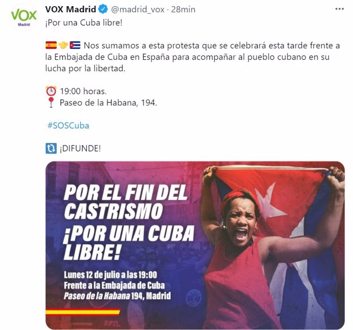 Captura del tweet de Vox Madrid en apoyo a las concentraciones que respaldan las protestas en Cuba