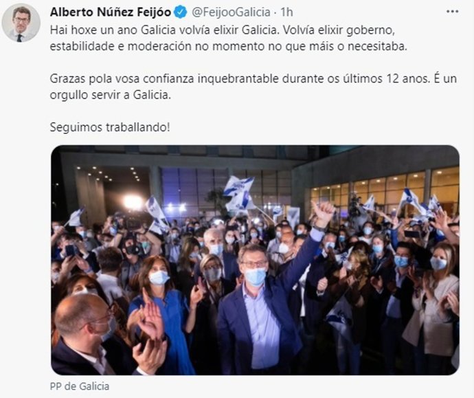 Imagen del mensaje publicado por el presidente de la Xunta y líder del PPdeG, Alberto Núñez Feijóo, en Twitter