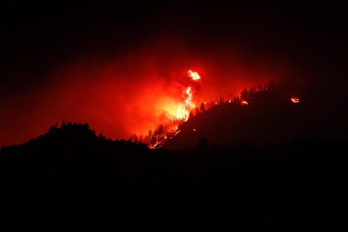 09 July 2021, US, Beckwourth: Trees burn as the Beckwourth Complex wildfire approaches highway 395 in the night. Photo: Ty Oneil/SOPA Images via ZUMA Wire/dpa