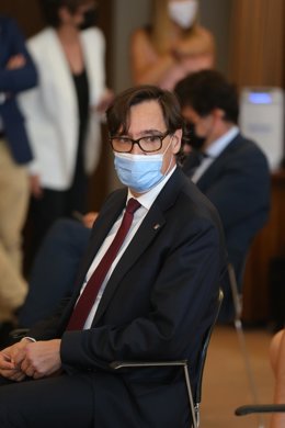 El exministro de Sanidad y líder del PSC, Salvador Illa, en el acto de traspaso de carteras en la sede ministerial, a 12 de julio de 2021, en Madrid (España).
