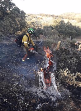 Archivo - Un bombero actúa en un incendio forestal en Cordoba.