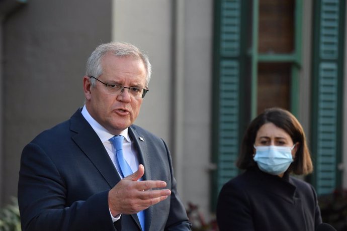 Prime Minister Scott Morrison and NSW Premier Gladys Berejiklian during the announcement of a Covid-19 financial support package at Kirribilli House in Sydney, Tuesday, July 13, 2021. A support package to help keep struggling NSW businesses afloat durin