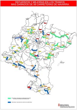 Mapa de las mejoras y renovación del firme de los tramos más dañados de 58 carreteras