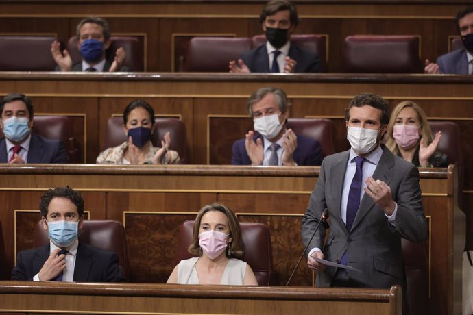 El líder del PP, Pablo Casado, interviene en una sesión de control al Gobierno en el Congreso de los Diputados, a 23 de junio de 2021, en Madrid, (España). El pleno de este martes gira en torno a los indultos a los presos del procs recién aprobados, 