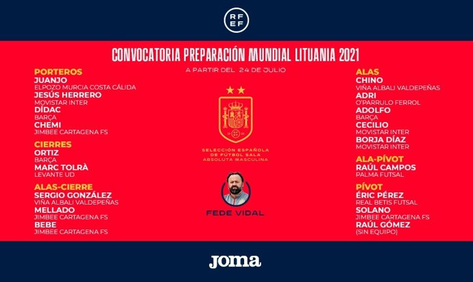 Archivo - Lista de convocados por el seleccionador de fútbol sala Fede Vidal para la preparación para el Mundial de Lituania