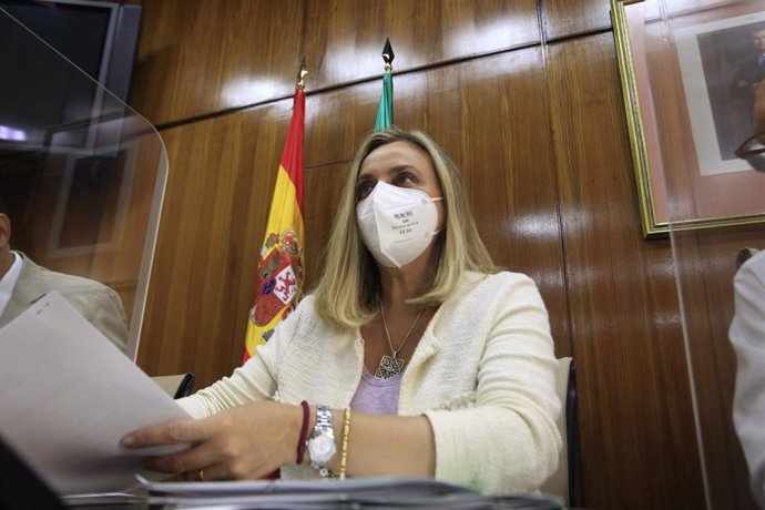 La consejera de Fomento, Infraestructuras y Ordenación del Territorio, Marifrán Carazo, durante su intervención en el Parlamento de Andalucía.