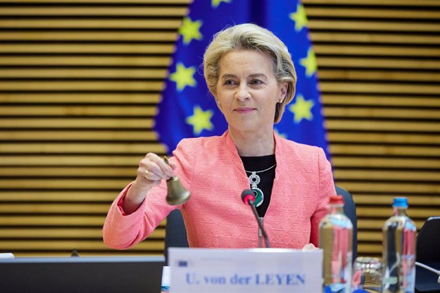 HANDOUT - 14 July 2021, Belgium, Brussels: President of the European Commission Ursula von der Leyen announces the start of the weekly meeting of the Commission. Photo: Claudio Centonze/European Commission/dpa - ATTENTION: editorial use only and only if t