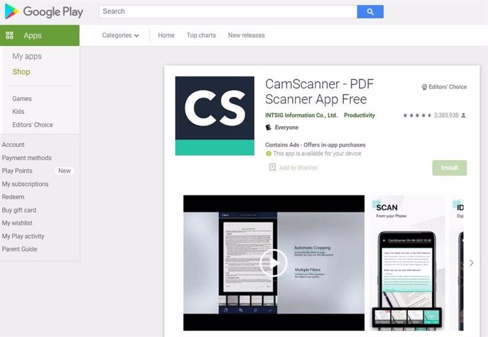Aplicación CamScanner en Google Play.