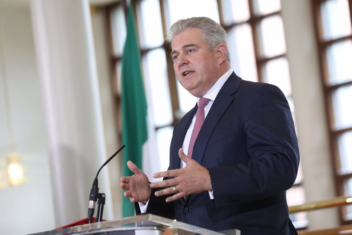 24 June 2021, United Kingdom, Dublin: Northern Ireland Secretary Brandon Lewis speaks during a press conference after a meeting of the British-Irish Intergovernmental Conference at Dublin Castle. Photo: Julien Behal Photography/PA Media/dpa