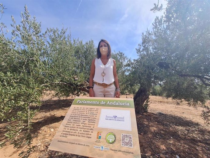 La presidenta del Parlamento, Marta Bosquet, junto al olivo centenario apadrinado por el Parlamento de Andalucía en el proyecto 'Aceite de la Vida' del Ecoparque de Carboneros (Jaén)