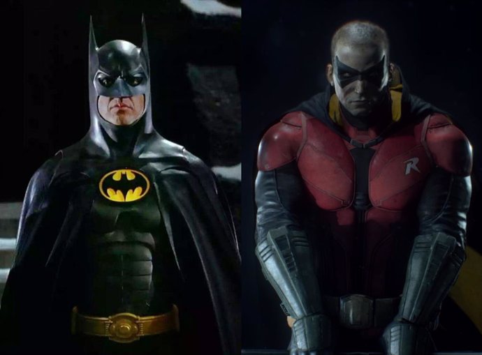 Michael Keaton como Batman y el Robin de la saga de videojuegos Arkham