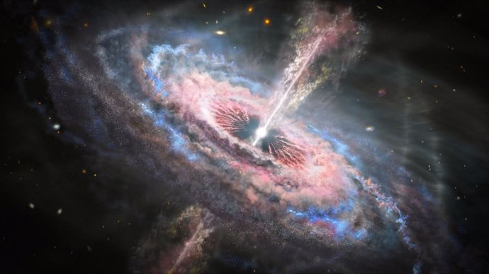 Concepto artísticos de una galaxia con un quasar en su centro. Un quásar es un agujero negro supermasivo muy brillante, distante y activo que tiene de millones a miles de millones de veces la masa del Sol.