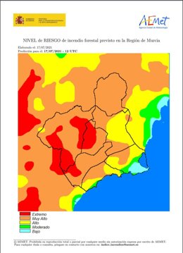 Mapa que muestra el nivel de riesgo de incendio en la Región de Murcia por zonas