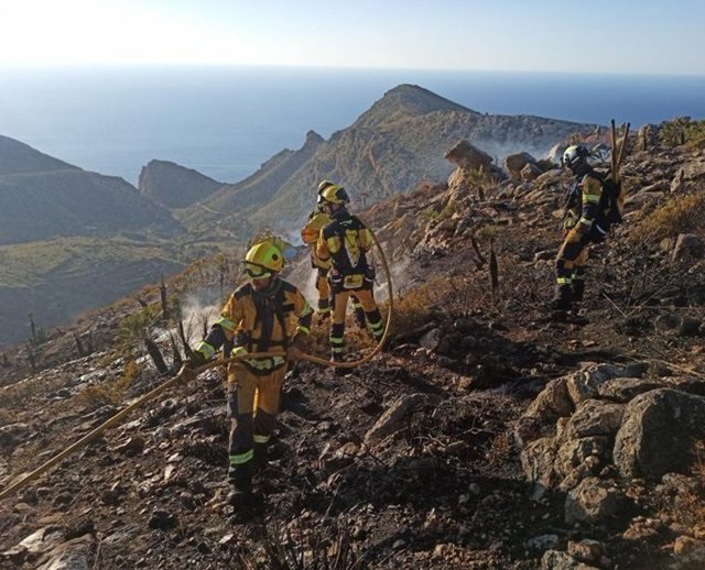 Efectivos del Ibanat trabajan en la extinción del incendio declarado este sábado en el Coll de sa Gramola.