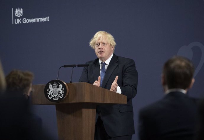 15 July 2021, United Kingdom, Coventry: UKPrime Minister Boris Johnson speaks during a visit to the UK Battery Industrialisation Centre in Coventry where he insisted his levelling up agenda is "win win" and will not be a case of "robbing Peter to pay P