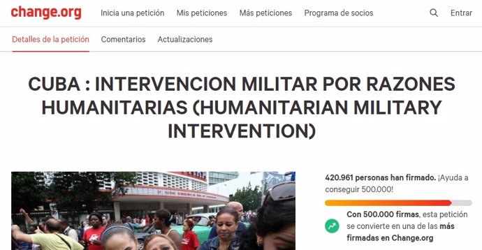 Petició en Change.org a favor d'una intervenció militar dels Estats Units a Cuba