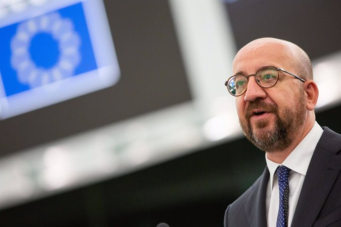 HANDOUT - 07 July 2021, France, Strasbourg: President of the European Council Charles Michel delivers a speech during a plenary session of the European Parliament on the conclusions of the European Council meeting of 24-25 June 2021. Photo: Mathieu Cugn
