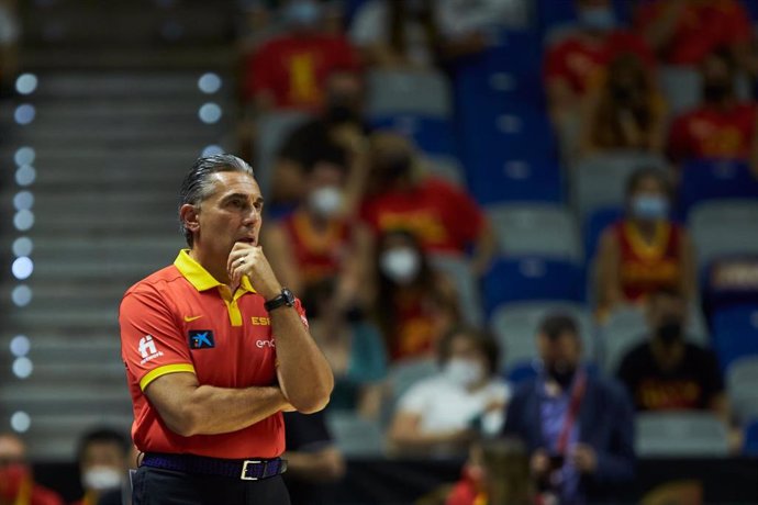 Sergio Scariolo, head coach of Spain, during friendly match between Spain and France to preparation to Tokyo 2021 Olympics Games at Martin Carpena Stadium on July 08, 2021 in Malaga, Spain