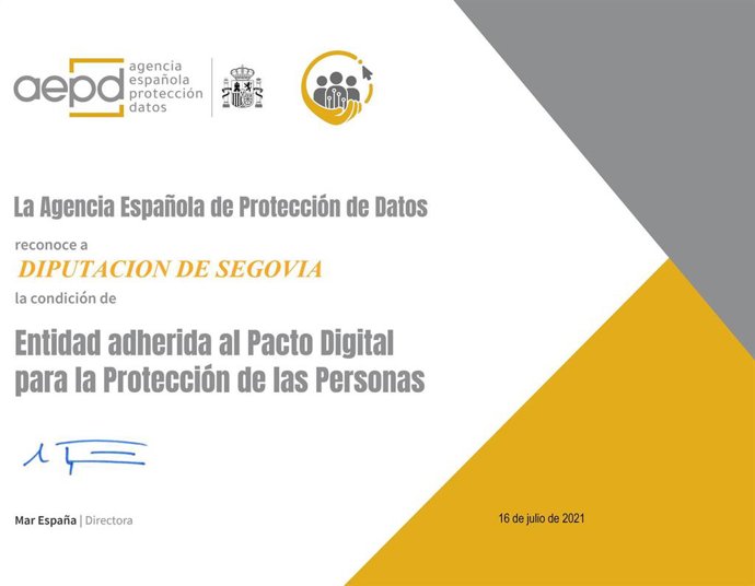 Reconocimiento de la adhesión de la Diputación de Segovia al Pacto Digital para la protección de las personas.