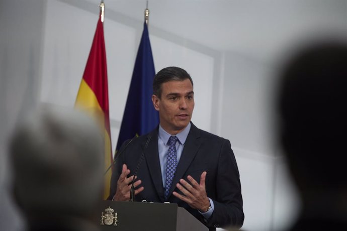 El presidente del Gobierno, Pedro Sánchez, interviene en la presentación de la Carta de Derechos Digitales, en La Moncloa, a 14 de julio de 2021, en Madrid (España). La Carta de Derechos Digitales, es uno de los compromisos fundamentales del plan España