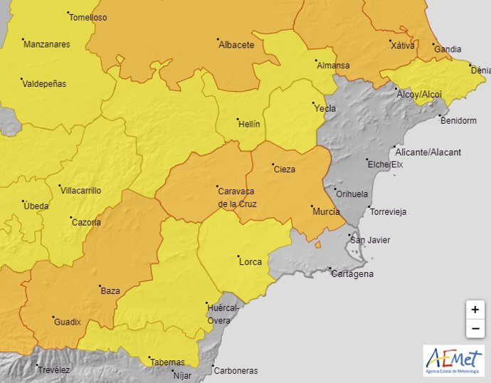 Mapa de avisos previstos este viernes en la Región