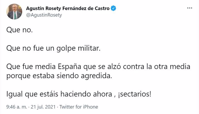 Captura del comentario del diputado de Vox Agustín Rosety en Twitter