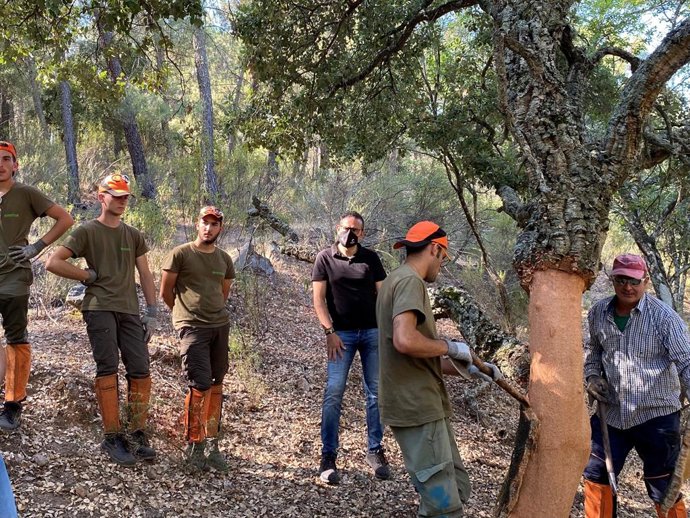 El delegado de Desarrollo Sostenible de la Junta de Andalucía en Córdoba, Giuseppe Aloisio (centro), visita la segunda edición de la Escuela de Corcheros.