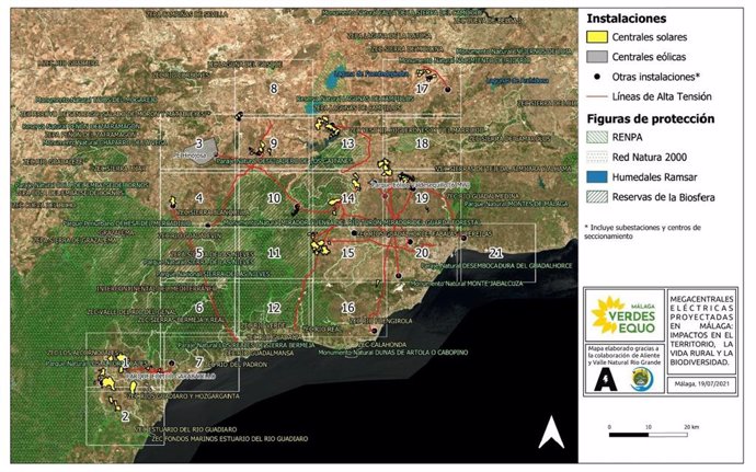 Mapa de Verdes Equo de las megaplantas renovables de Málaga