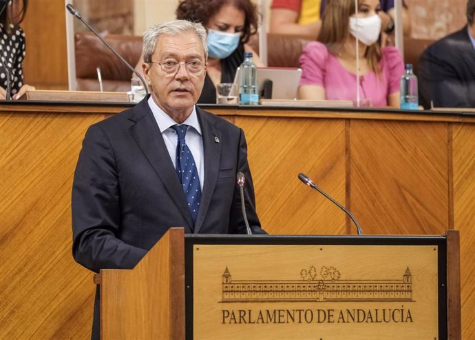 El consejero de Transformación Económica, Industria, Conocimiento y Universidades, Rogelio Velasco, comparece en el Pleno del Parlamento andaluz.
