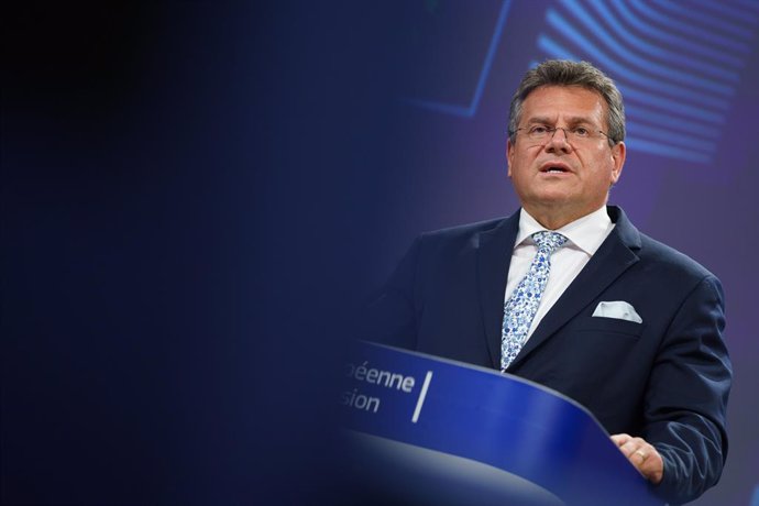 HANDOUT - 30 June 2021, Belgium, Brussels: European Commissioner for Inter-institutional Relations and Foresight Maros Sefcovic speaks during a press conference on Brexit at the EU headquarters in Brussels. Photo: Christophe Licoppe/European Commission/