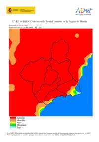 El nivel de riesgo de incendio forestal previsto para este jueves es extremo en casi toda la Región