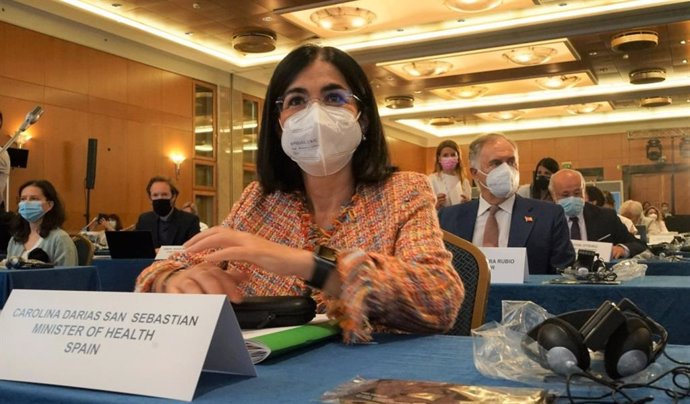 La ministra de Sanidad, Carolina Darias, en su intervención durante la Reunión de Alto Nivel (RAN) de OMS Europa, que se celebra este jueves 22 de julio en Atenas (Grecia).