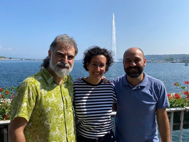 El president d'Òmnium Cultural, Jordi Cuixart, i el vicepresident de l'entitat, Marcel Mauri, es reuneixen amb la secretària general d'ERC, Marta Rovira, a Ginebra (Suïssa)