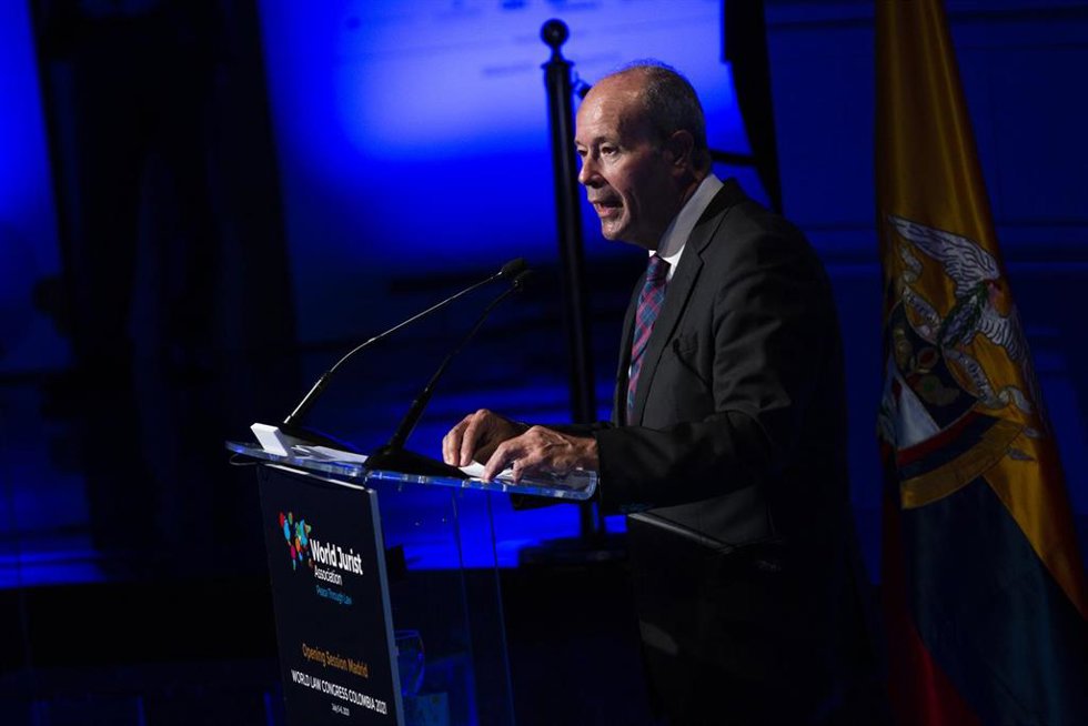 El ministro de Justicia, Juan Carlos Campo, interviene en la clausura de la jornada del encuentro internacional de juristas organizado por la World Jurist Association, a 6 de julio de 2021, en la Casa América, Madrid, (España). Esta segunda jornada ha g