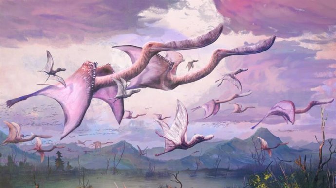 Una bandada de pterosaurios parecidos a flamencos adultos y crías, Pterodaustro guinazui, emprende el vuelo en el Cretácico Inferior de Argentina