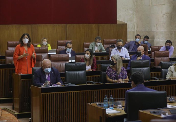 La portavoz del grupo parlamentario PSOE-A, Angeles Férriz (i), durante su intervención en la sesión de control con preguntas al presidente en el Pleno del Parlamento de Andalucía, a 22 de julio de 2021, en Sevilla (Andalucía, España).