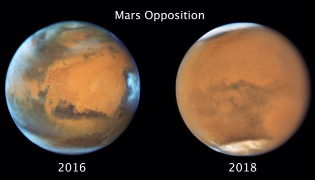 Imágenes de Marte en condiciones claras (izquierda) y durante la Tormenta de polvo global de 2018 (derecha).