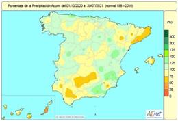 El balance hídrico acumula un déficit de lluvias del 7% hasta el 20 de julio de 2021.