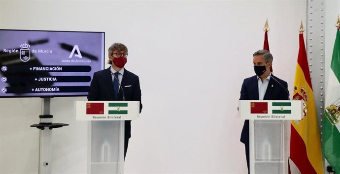 Reunión entre el consejero de Economía, Hacienda y Administración Digital, Luis Alberto Marín, y el consejero de Hacienda y Financiación Europea de la Junta de Andalucía, Juan Bravo. Comparecencia de los consejeros tras la reunión bilateral.