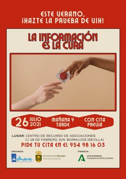 Cartel de la campaña  de pruebas rápidas de VIH gratuitas realizadas por Adhara-Sevilla Checkpoint y el Ayuntamiento de Bormujos (Sevilla)
