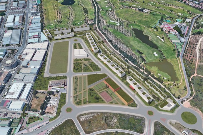 Vista aérea de cómo quedará el PEZ tras la edificación en Tomares del ecobarrio